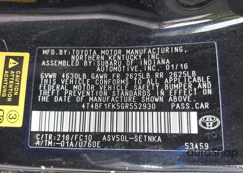 2016 Toyota Camry Le z USA, uszkodzony, nr VIN 4T4BF1FK5GR552930
